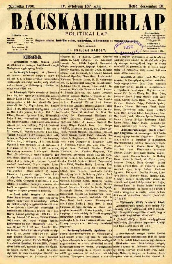 Bácskai Hirlap, 4. évf. 1900. december 10. 187. sz.