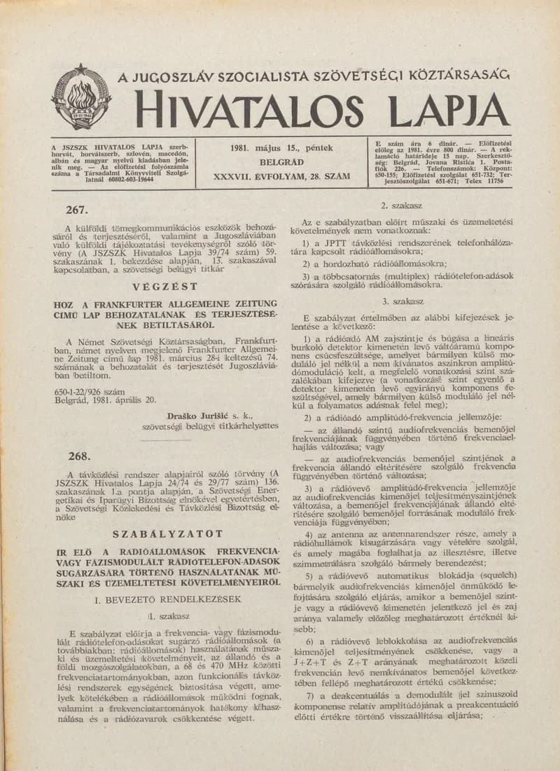 A Jugoszláv Szocialista Szövetségi Köztársaság Hivatalos Lapja, 37. évf. 1981. május 15. 28. sz. 709–724. oldal
