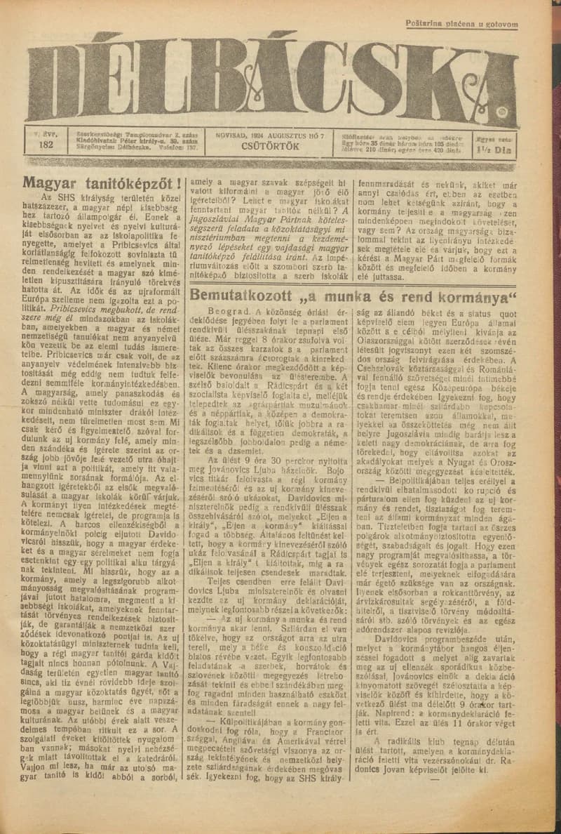Délbácska, 5. évf. 1924. augusztus 7. 182. sz.