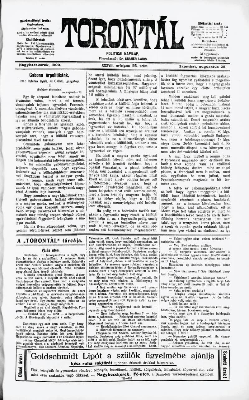 Torontál, 38. évf. 1909. augusztus 28. 195. sz.