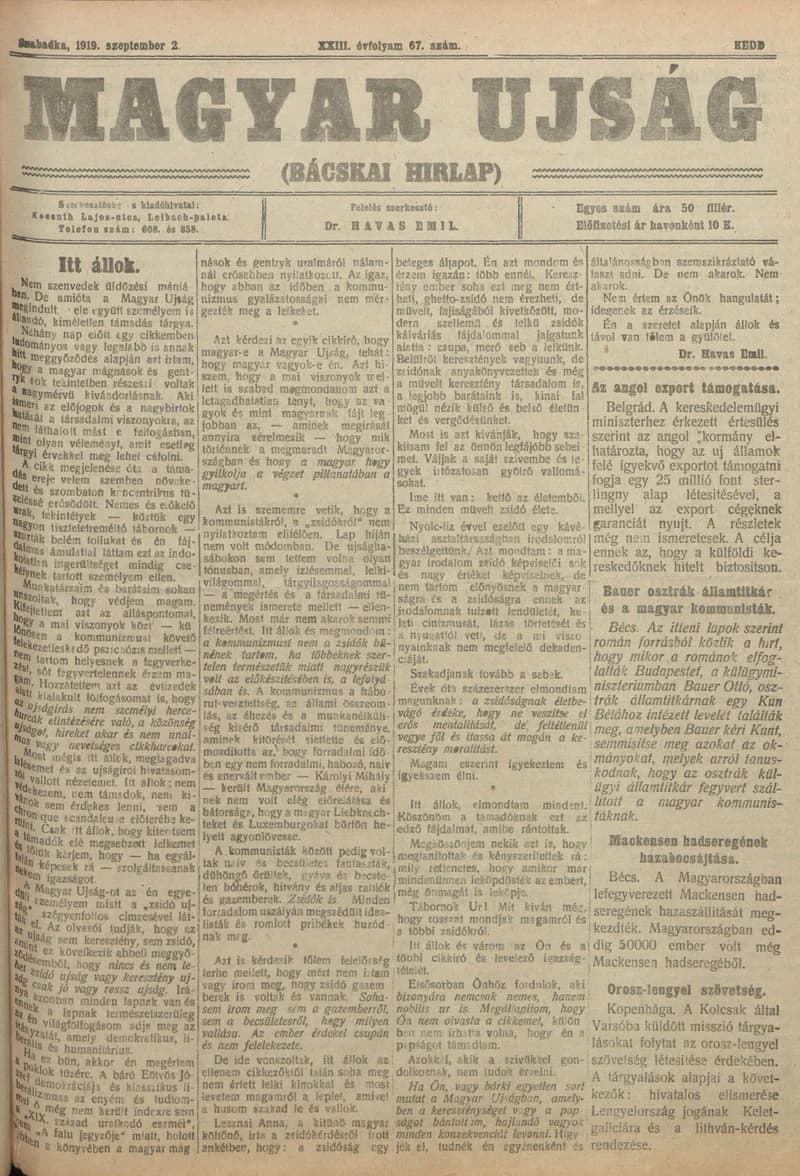 Bácskai Hirlap, 23. évf. 1919. szeptember 2. 67. sz.