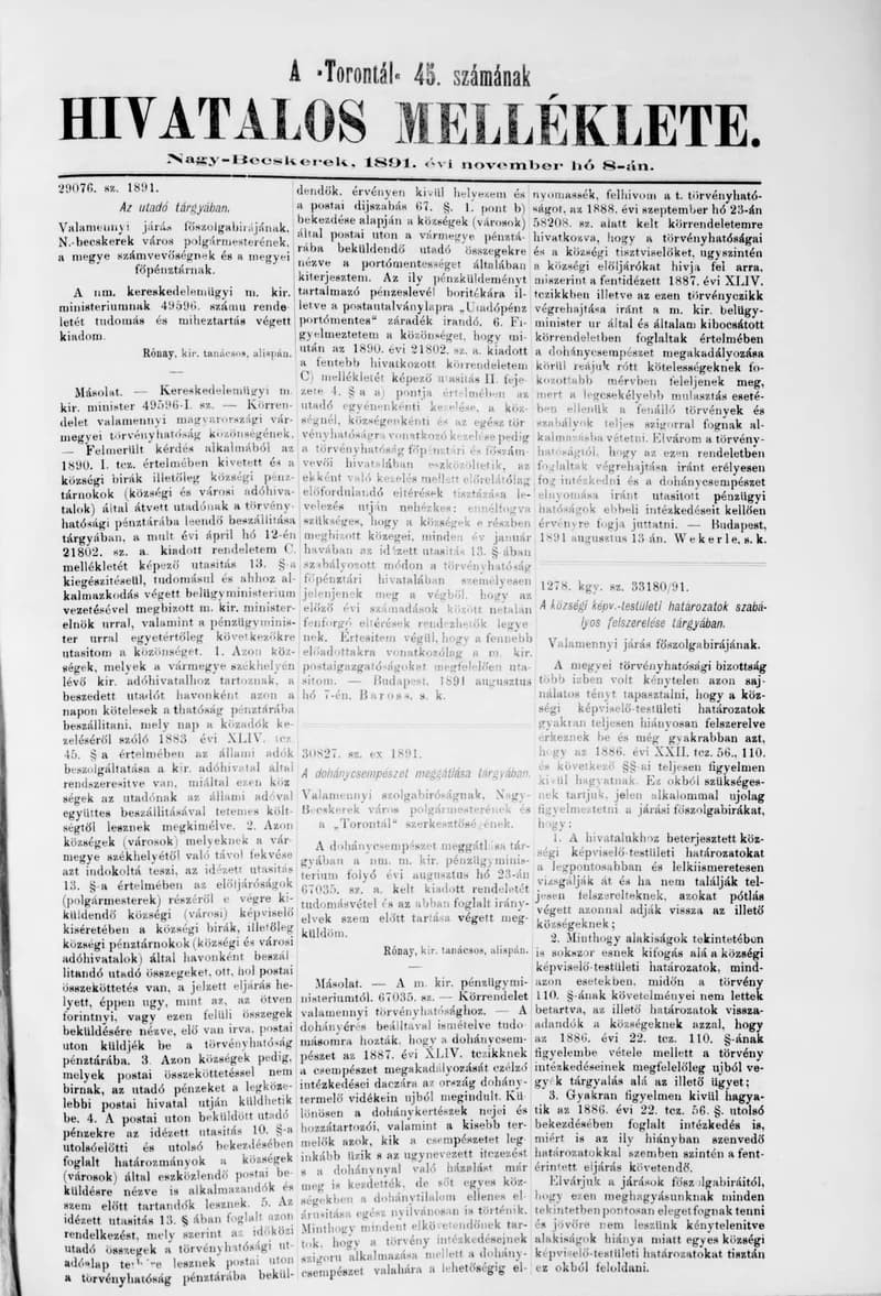 A Totontál  hivatalos melléklete, 4. évf. 1891. november 8. 45. sz.