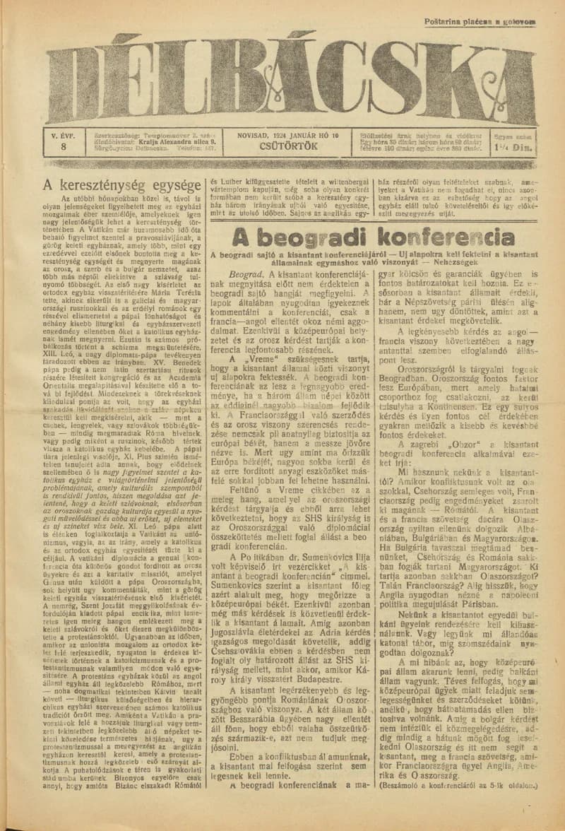 Délbácska, 5. évf. 1924. január 10. 8. sz.