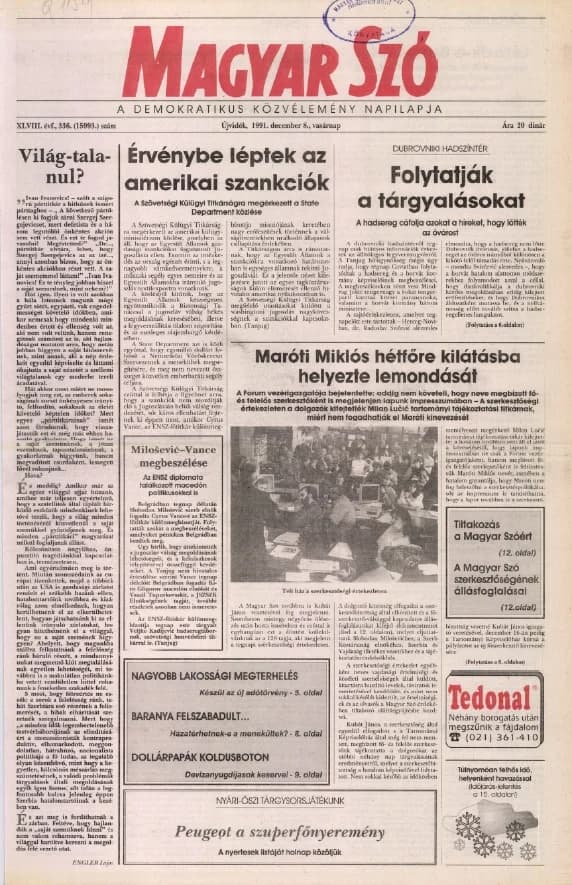 Magyar Szó, 48. évf. 1991. december 8. 336. sz. 1–28. oldal