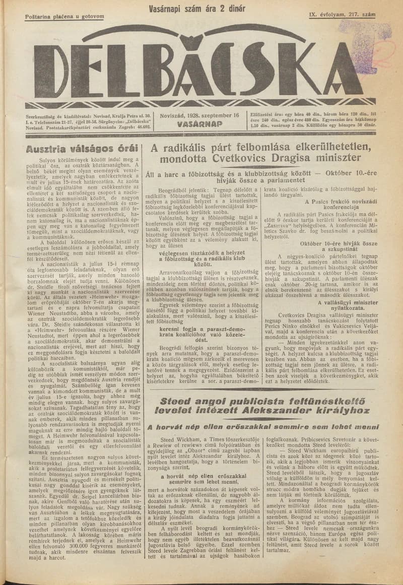 Délbácska, 9. évf. 1928. szeptember 16. 217. sz.