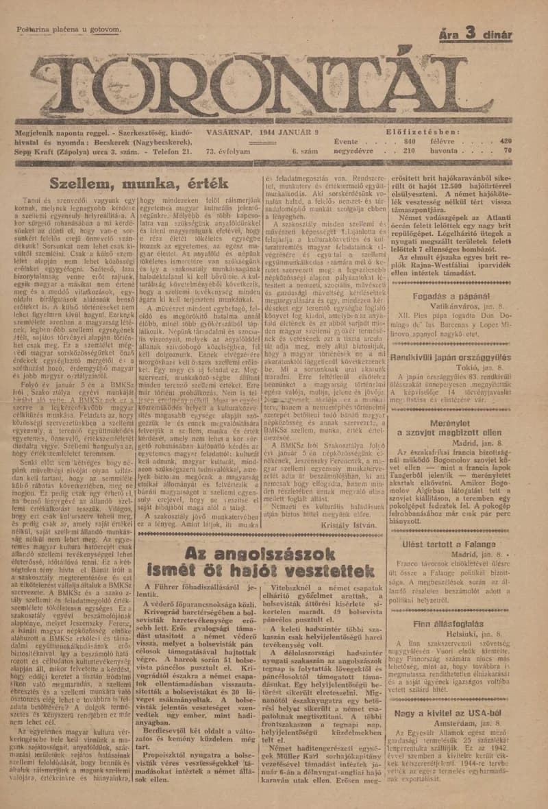 Torontál, 73. évf. 1944. január 9. 6. sz.