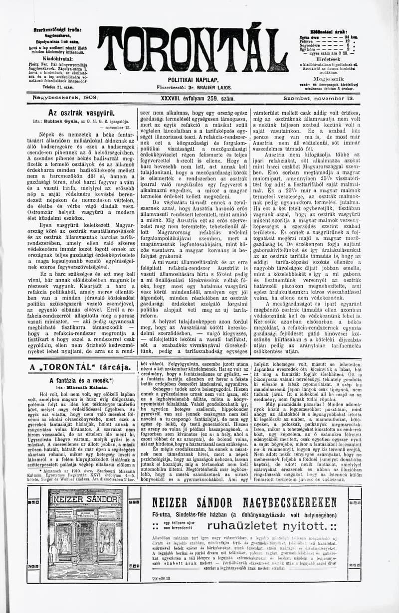 Torontál, 38. évf. 1909. november 13. 259. sz.