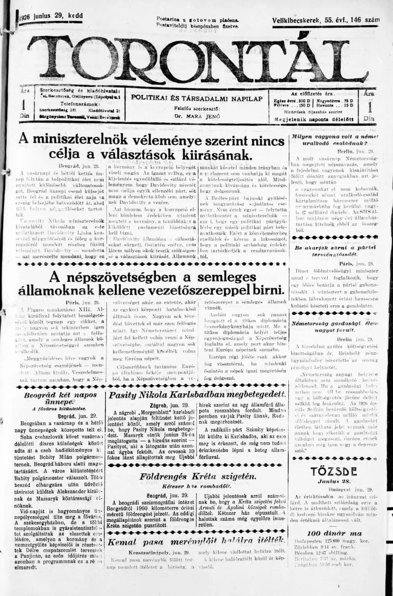 Torontál, 55. évf. 1926. június 29. 146. sz.