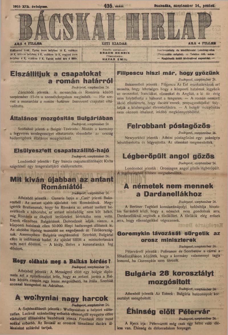 Bácskai Hirlap, 19. évf. 1915. szeptember 24. 435. sz.