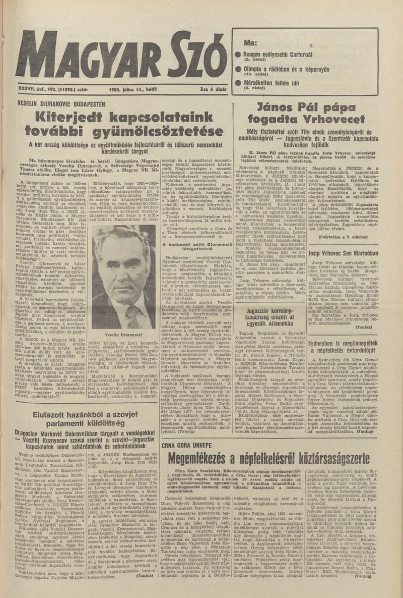 Magyar Szó, 37. évf. 1980. július 14. 192. sz. 1–16. oldal