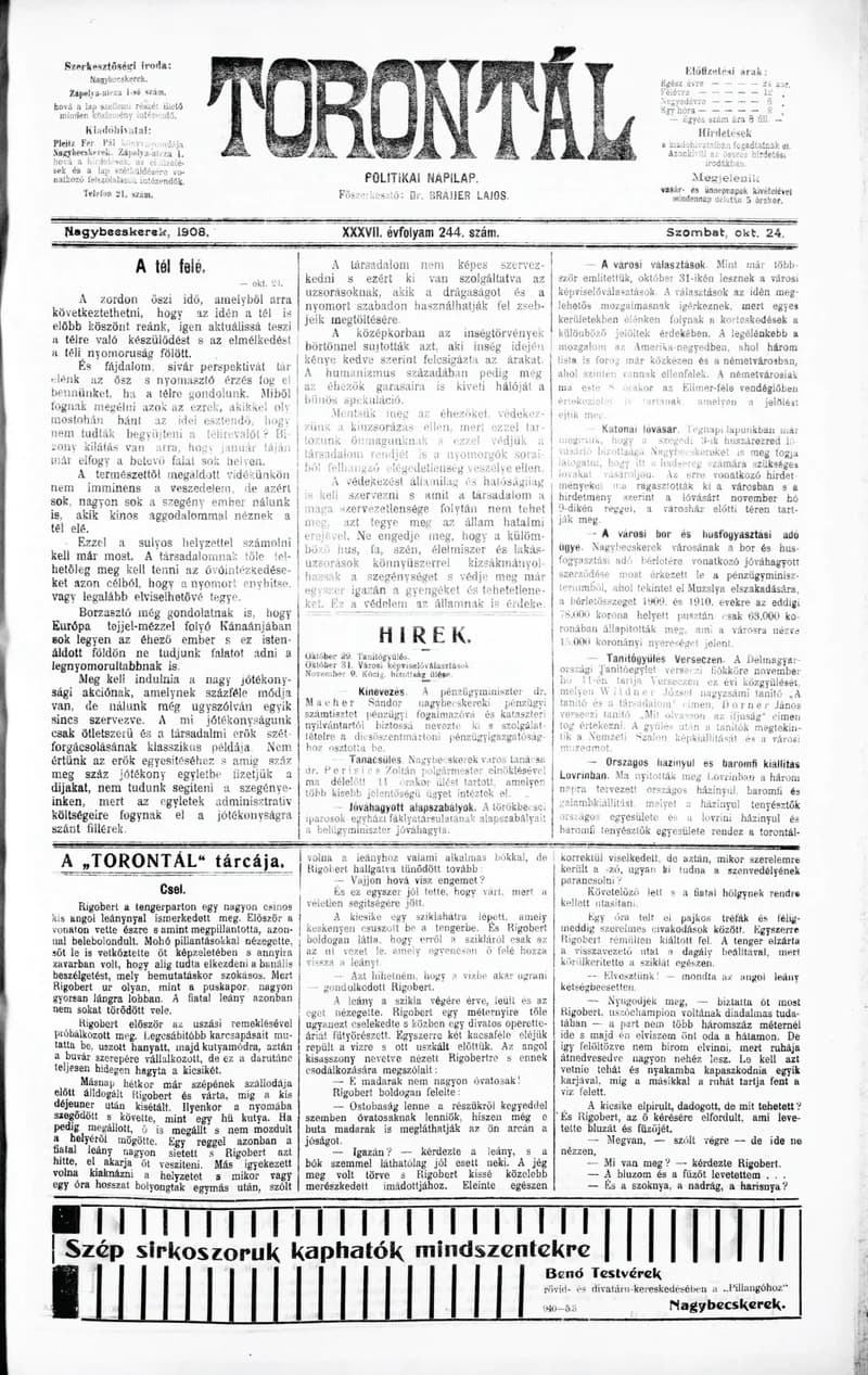 Torontál, 37. évf. 1908. október 24. 244. sz.