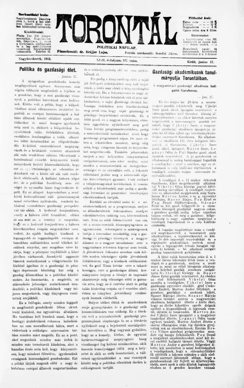 Torontál, 42. évf. 1913. június 17. 137. sz.