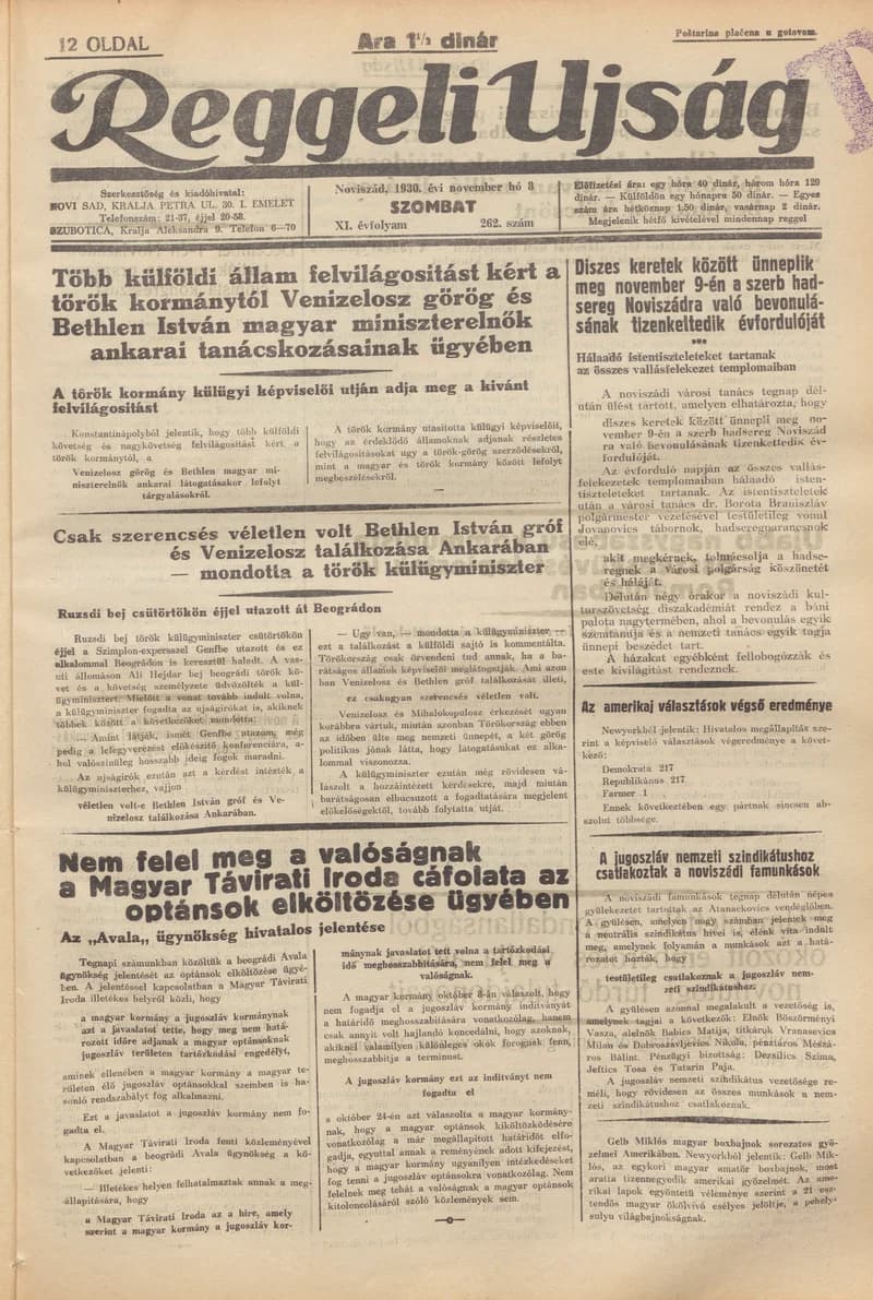 Reggeli Újság, 11. évf. 1930. november 8. 262. sz.