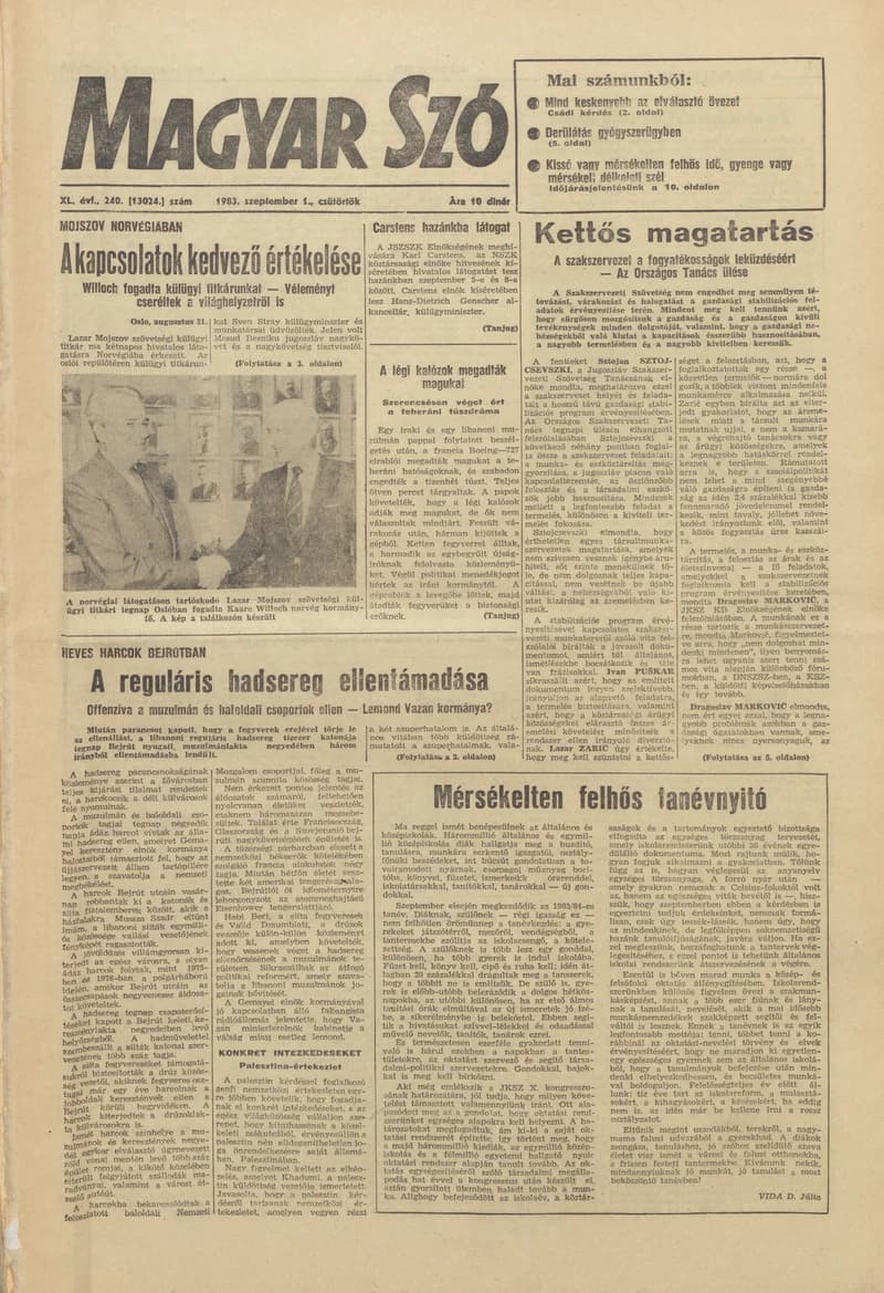 Magyar Szó, 40. évf. 1983. szeptember 1. 240. sz. 1–20. oldal