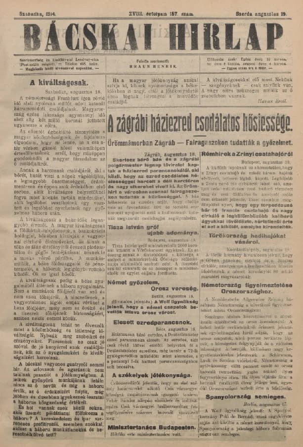 Bácskai Hirlap, 18. évf. 1914. augusztus 19. 187. sz.