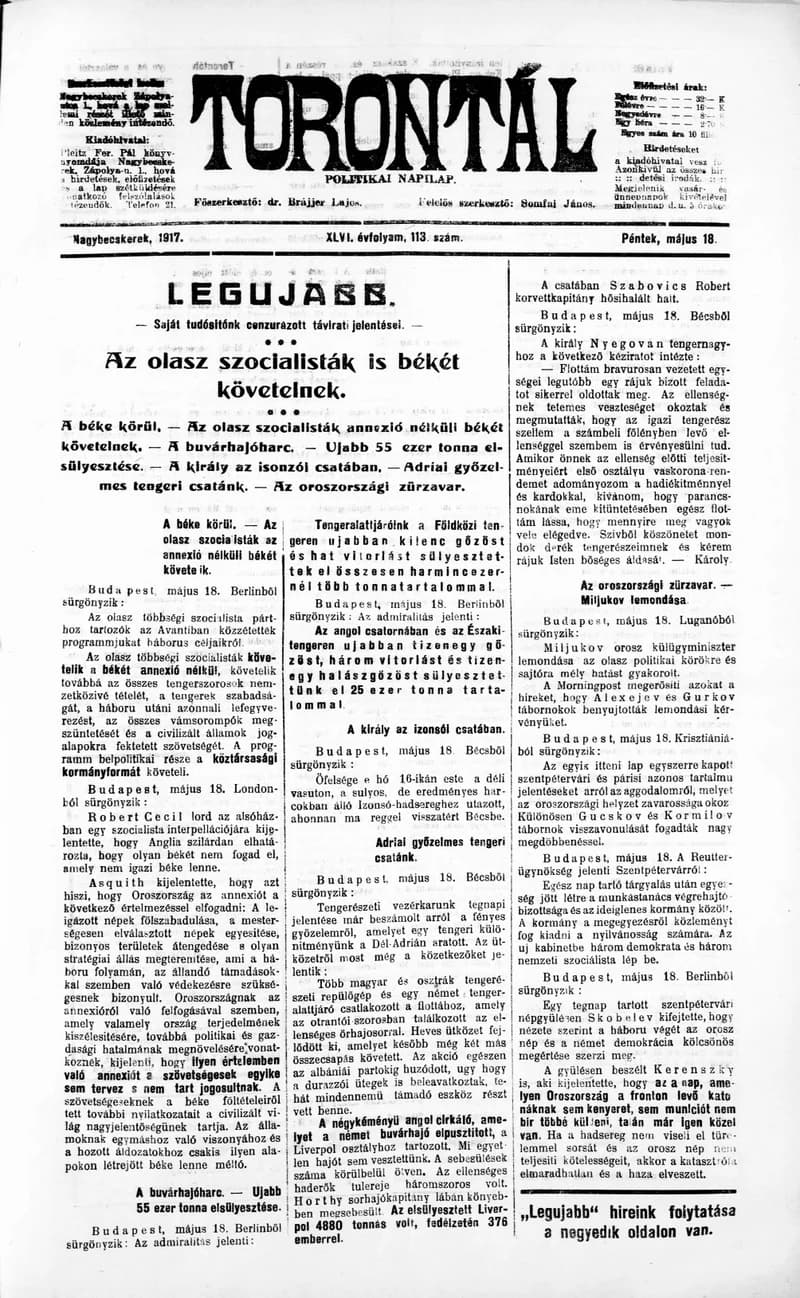Torontál, 46. évf. 1917. május 18. 113. sz.