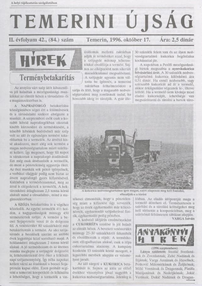 Temerini Újság, 2. évf. 1996. október 17. 42. sz.