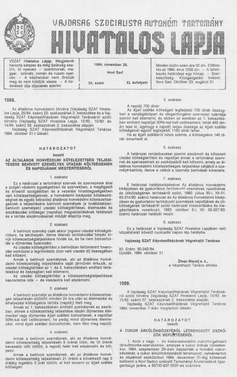 Vajdaság Szocialista Autonóm Tartomány Hivatalos Lapja, 40. évf. 1984. november 26. 33. sz.