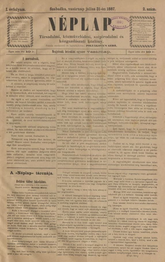 Néplap, 1. évf. 1887. július 31. 2. sz.