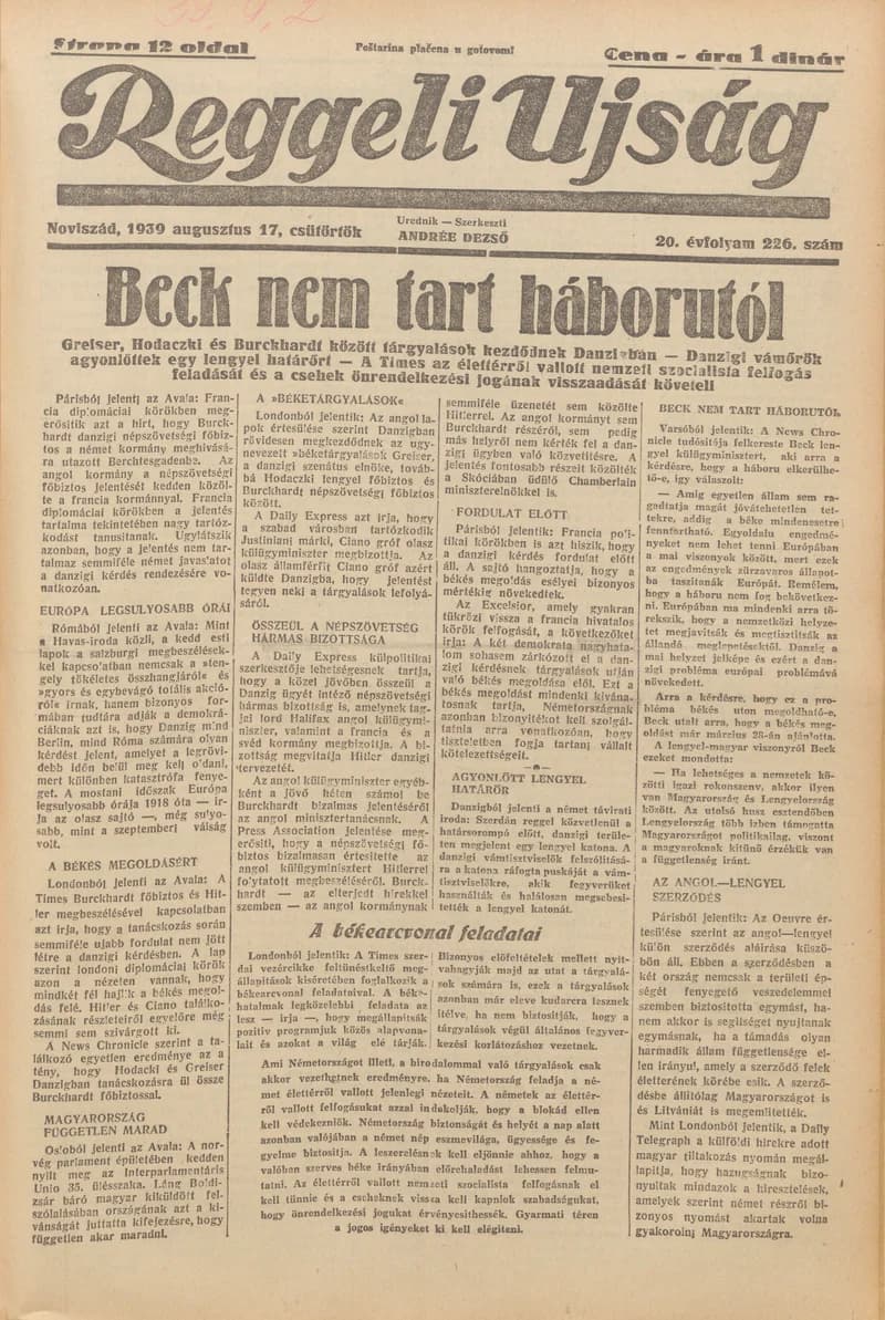 Reggeli Újság, 20. évf. 1939. augusztus 17. 226. sz.