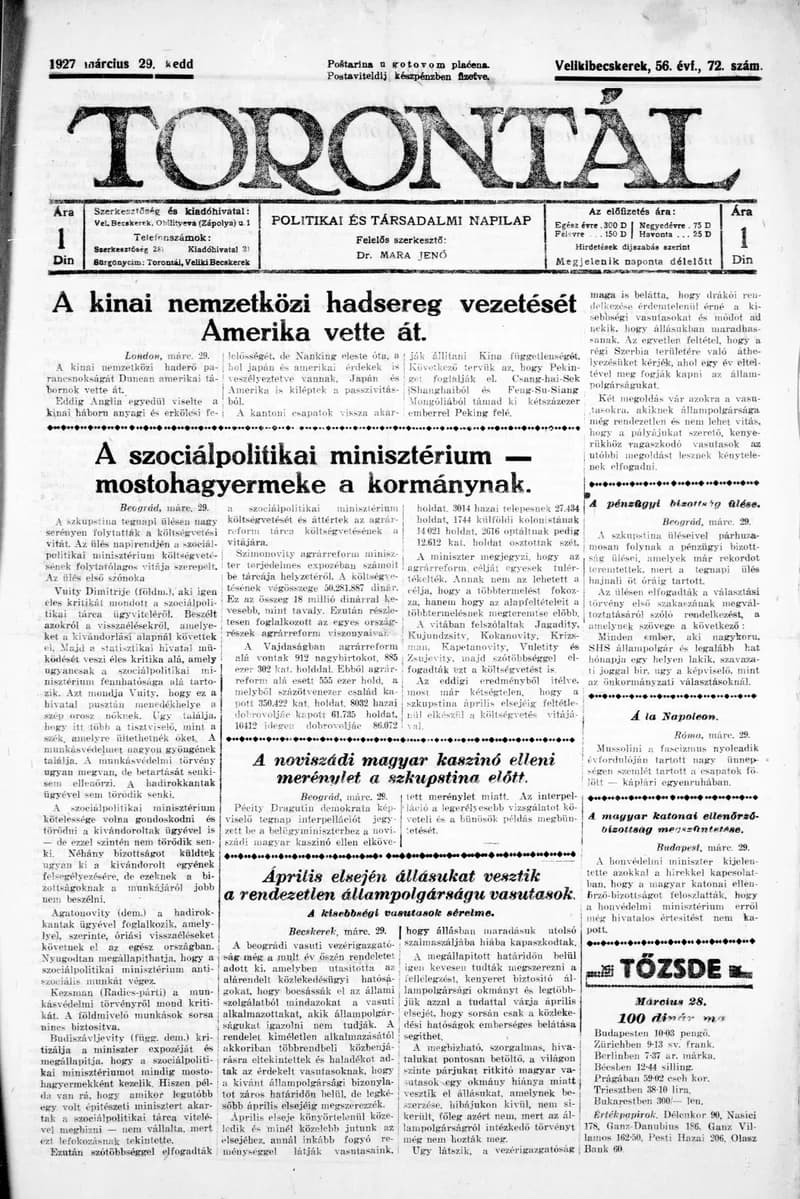 Torontál, 56. évf. 1927. március 29. 72. sz.