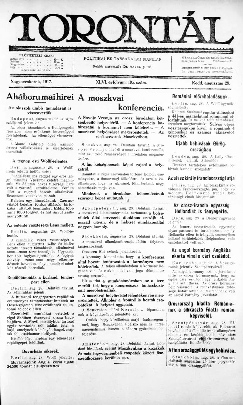 Torontál, 46. évf. 1917. augusztus 28. 195. sz.