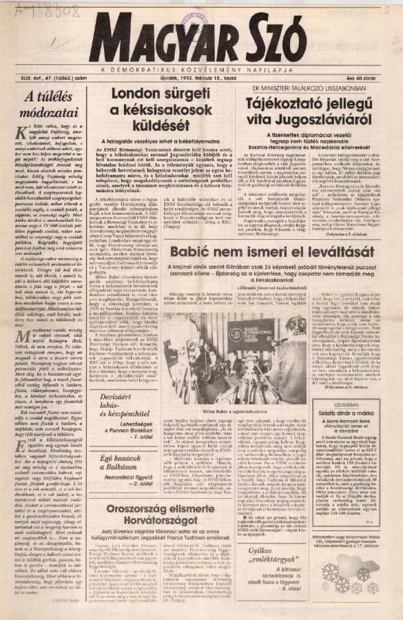 Magyar Szó, 49. évf. 1992. február 18. 47. sz. 1–20. oldal