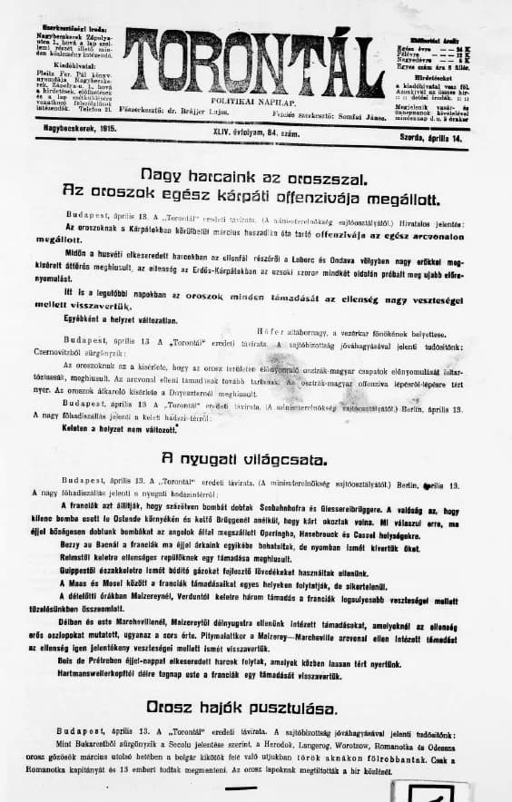 Torontál, 44. évf. 1915. április 14. 84. sz.