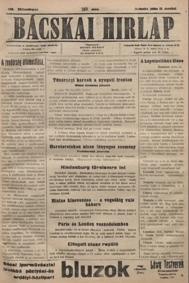 Bácskai Hirlap, 22. évf. 1918. július 13. 155. sz.