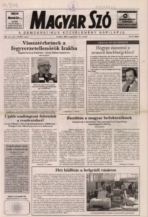 Magyar Szó, 59. évf. 2002. szeptember 18. 219. sz. 1–16. oldal