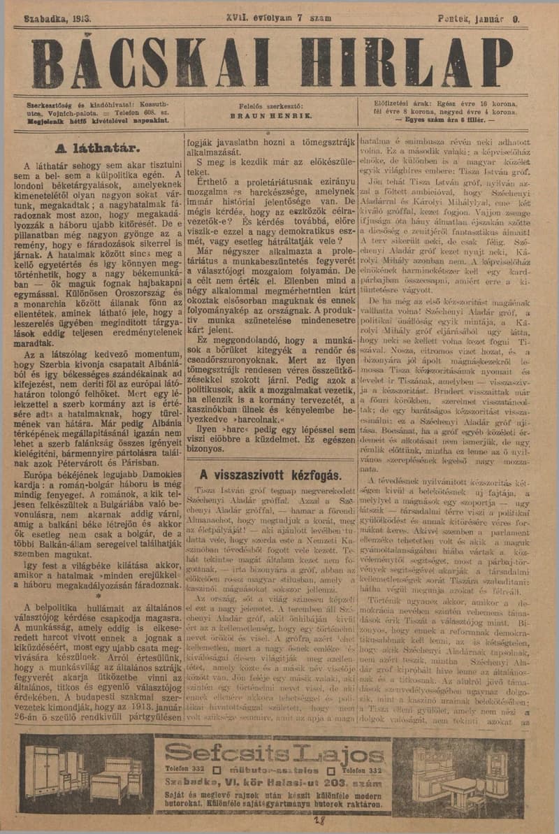 Bácskai Hirlap, 17. évf. 1913. január 10. 7. sz.