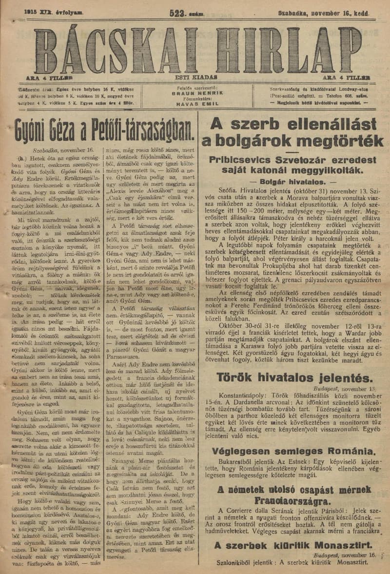 Bácskai Hirlap, 19. évf. 1915. november 16. 523. sz.