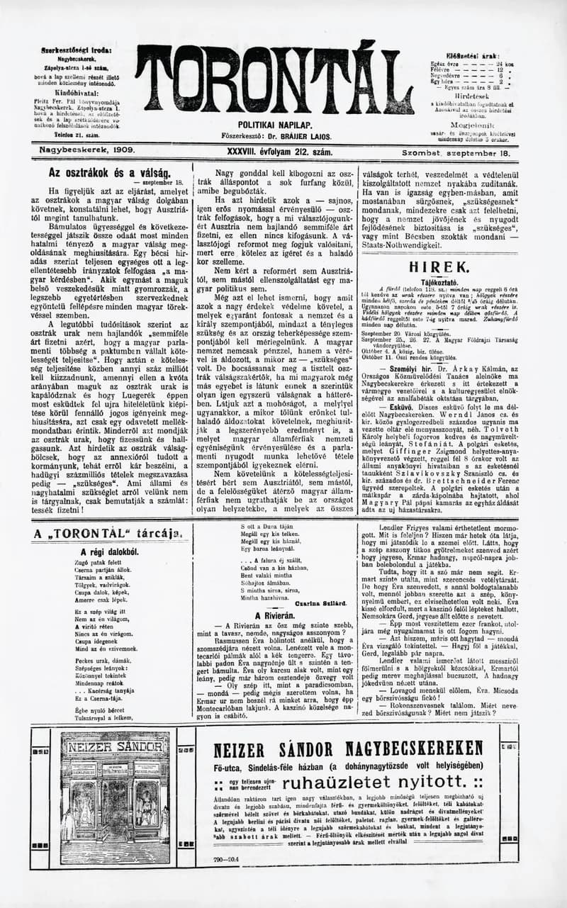 Torontál, 38. évf. 1909. szeptember 18. 212. sz.