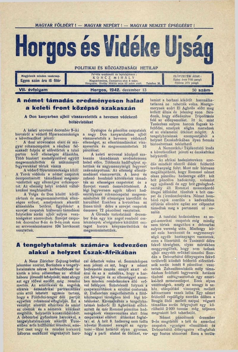 Horgos és vidéke, 7. évf. 1942. december 13. 50. sz.