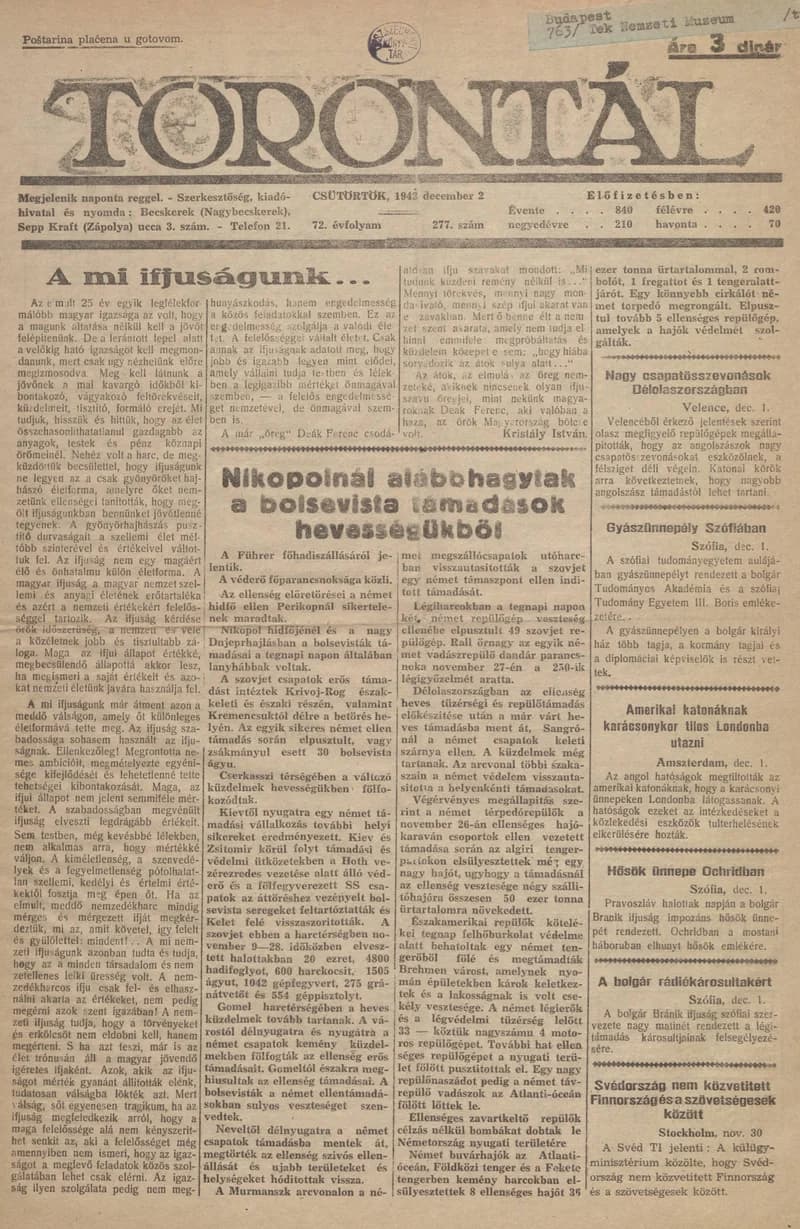 Torontál, 72. évf. 1943. december 2. 277. sz.
