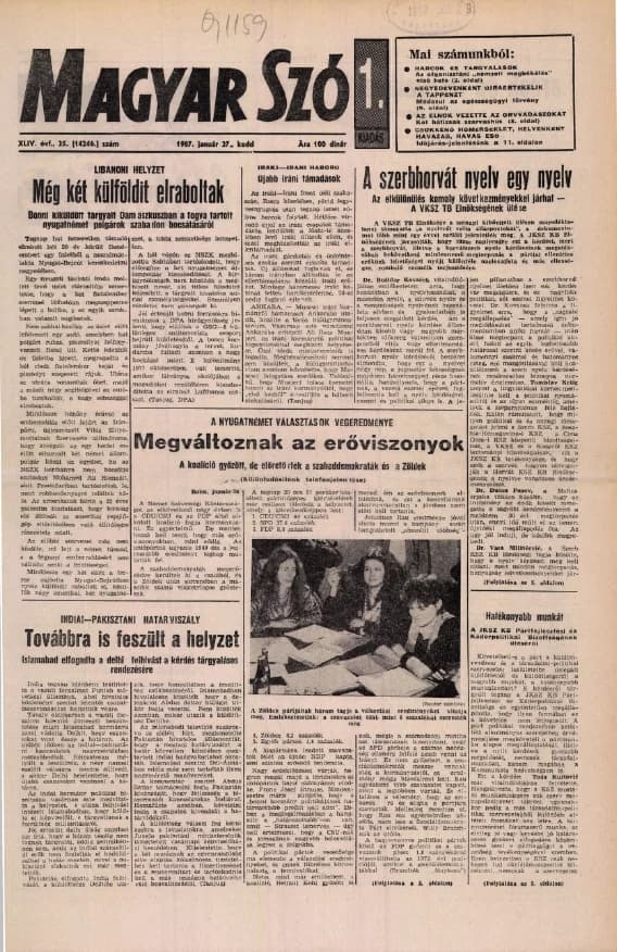 Magyar Szó, 44. évf. 1987. január 27. 25. sz. 1–20. oldal