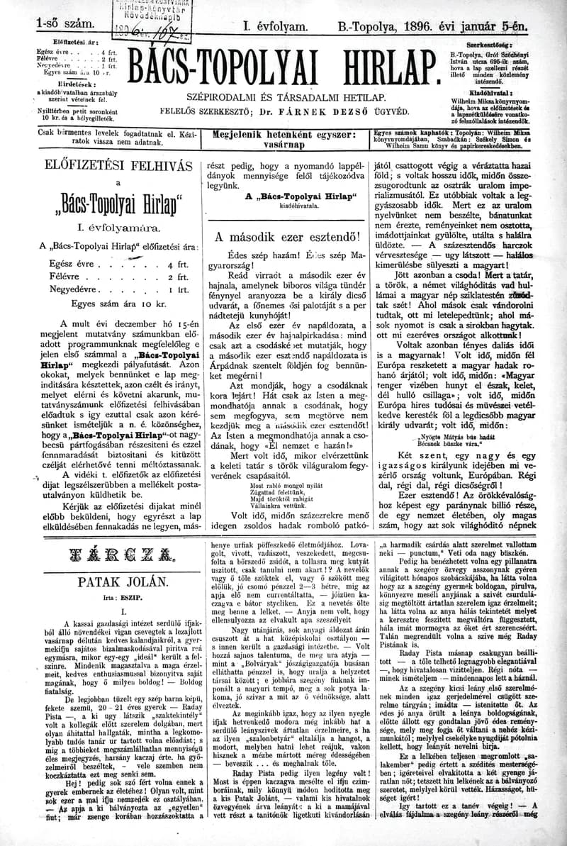 Bács-Topolyai Hirlap, 1. évf. 1896. január 5. 1. sz.