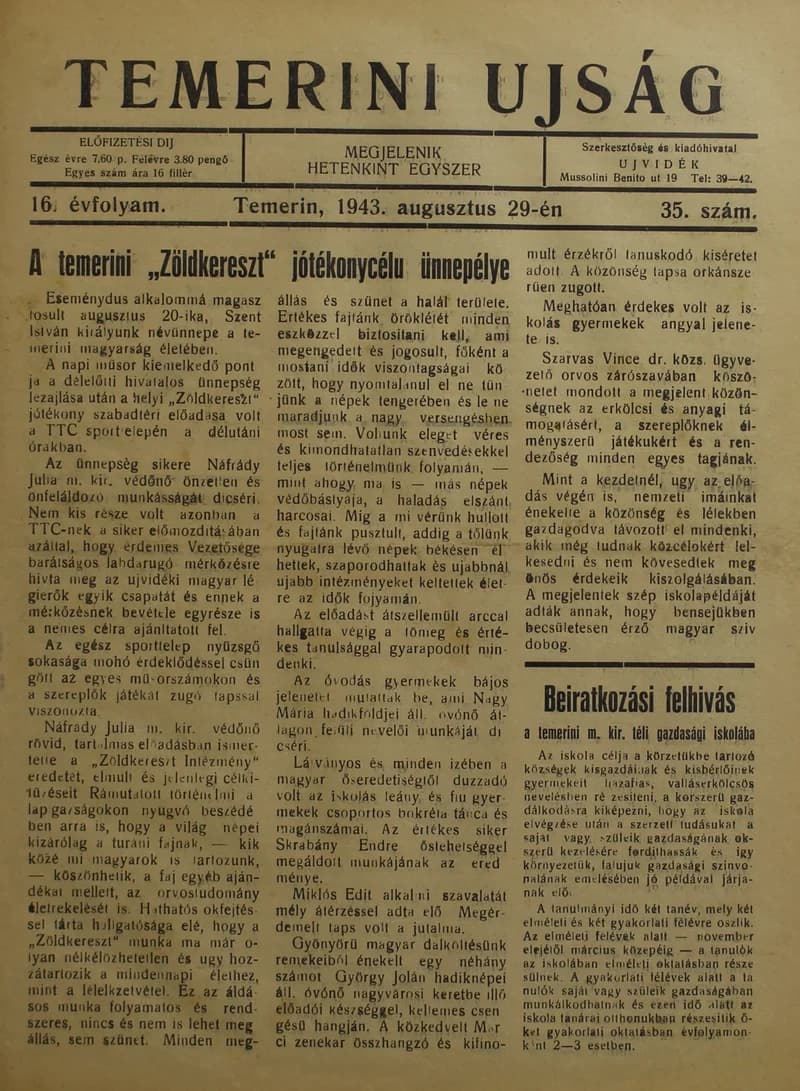 Temerini Újság 1928-1944, 16. évf. 1943. augusztus 29. 35. sz.