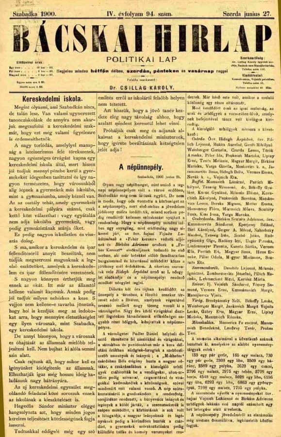 Bácskai Hirlap, 4. évf. 1900. június 27. 94. sz.