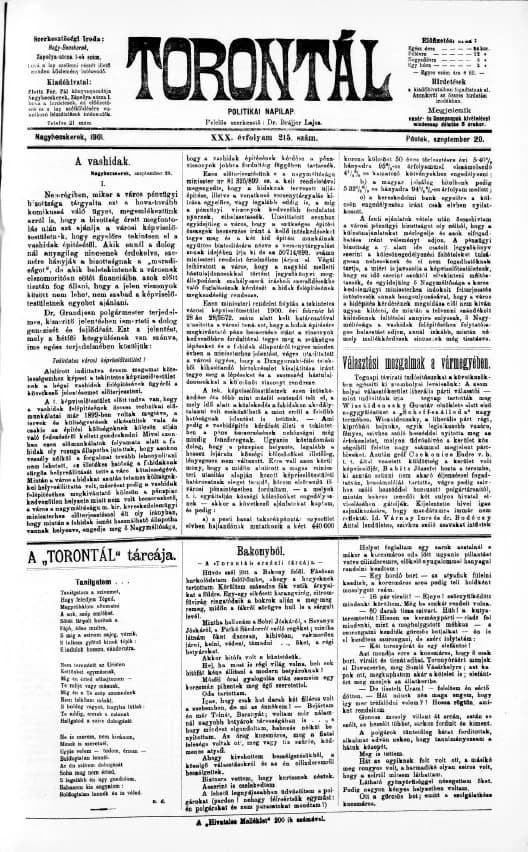 Torontál, 30. évf. 1901. szeptember 20. 215. sz.