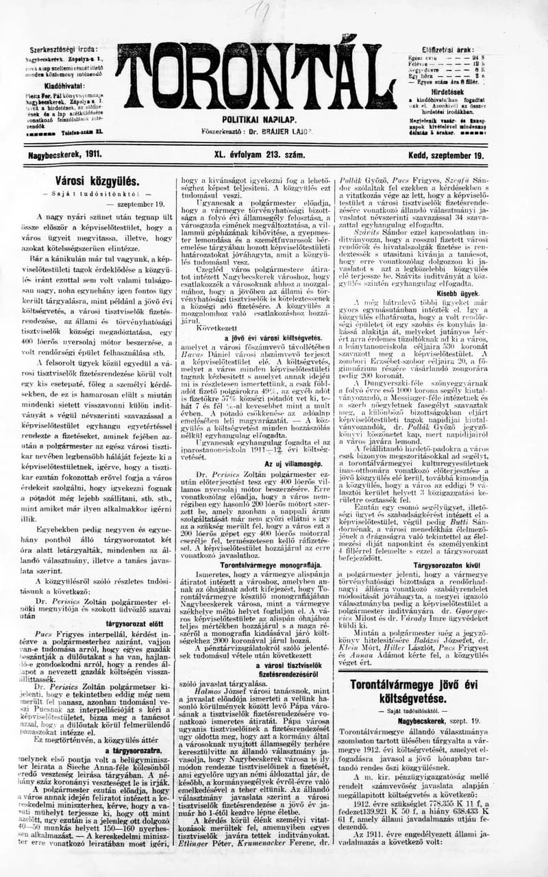Torontál, 40. évf. 1911. szeptember 19. 213. sz.