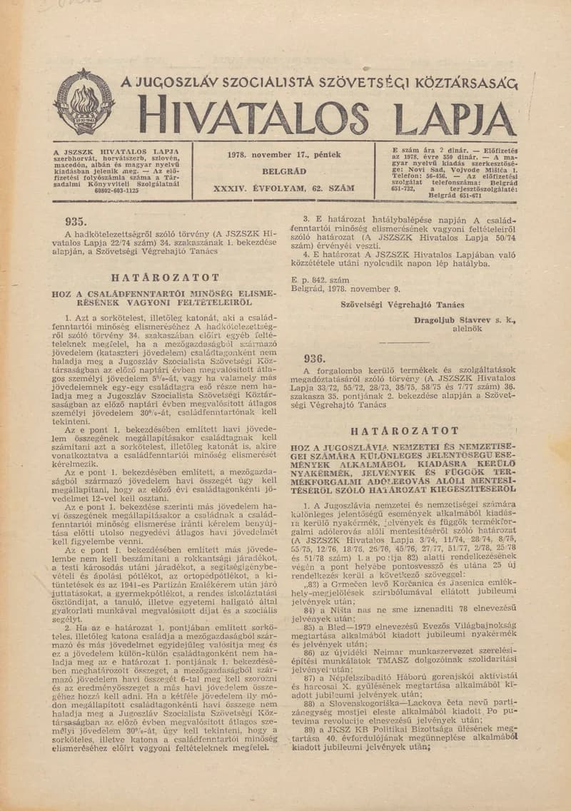 A Jugoszláv Szocialista Szövetségi Köztársaság Hivatalos Lapja, 34. évf. 1978. november 17. 62. sz. 2405–2412. oldal