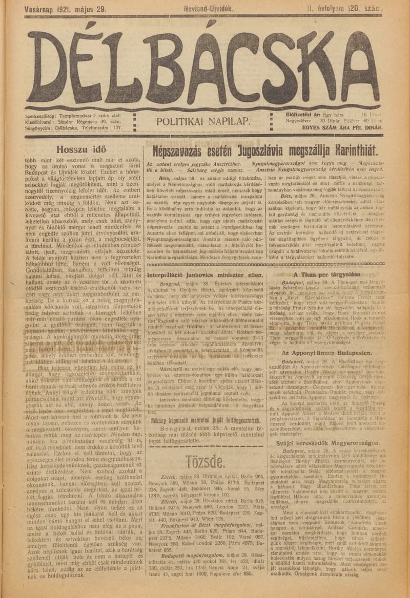 Délbácska, 2. évf. 1921. május 29. 120. sz.