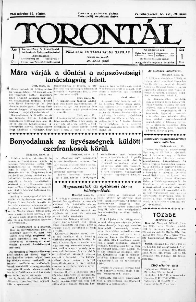 Torontál, 55. évf. 1926. március 12. 59. sz.