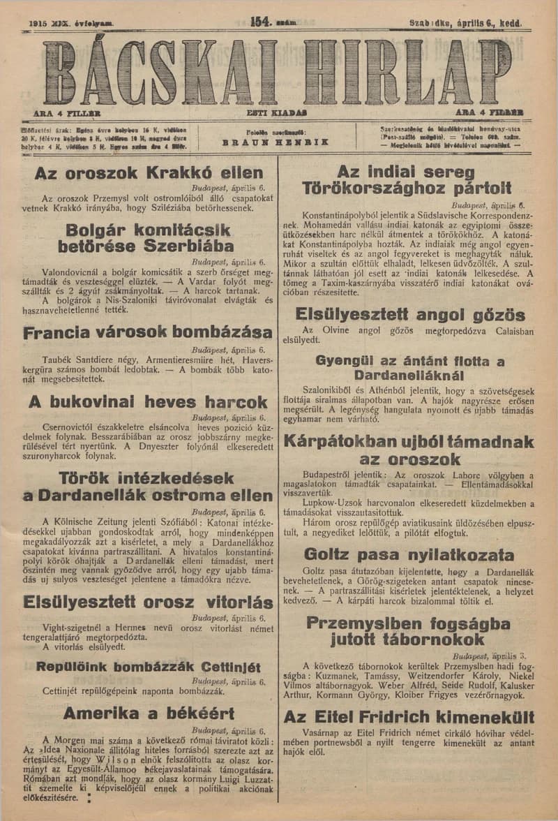 Bácskai Hirlap, 19. évf. 1915. április 6. 154. sz.