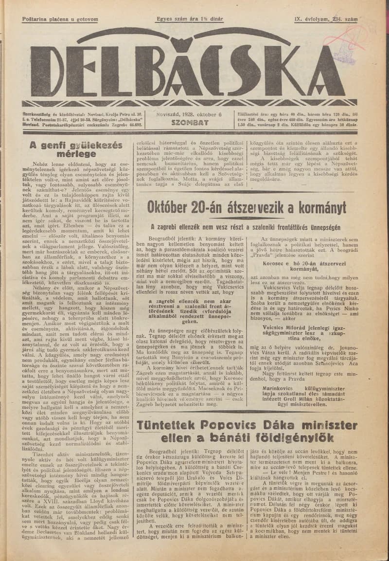 Délbácska, 9. évf. 1928. október 6. 234. sz.