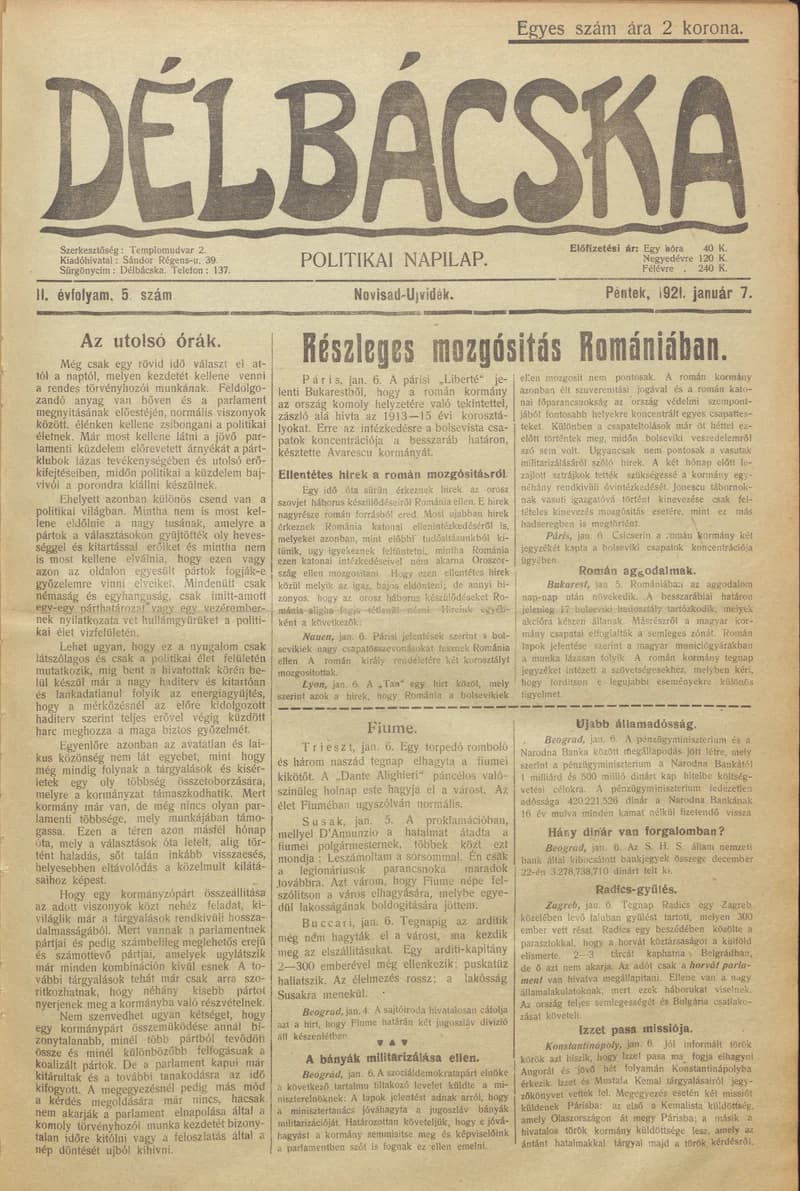 Délbácska, 2. évf. 1921. január 7. 5. sz.