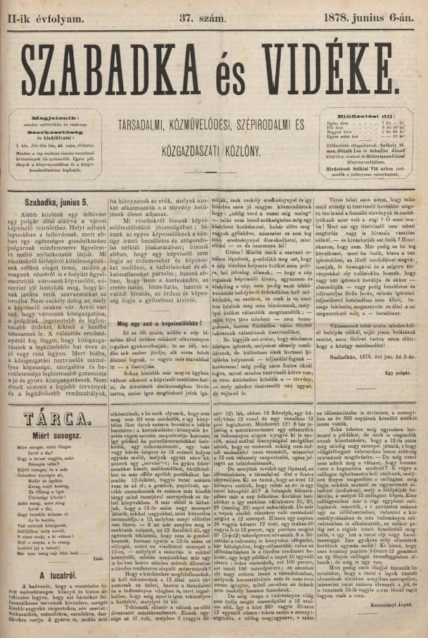 Szabadka és vidéke, 2. évf. 1878. június 6. 37. sz.