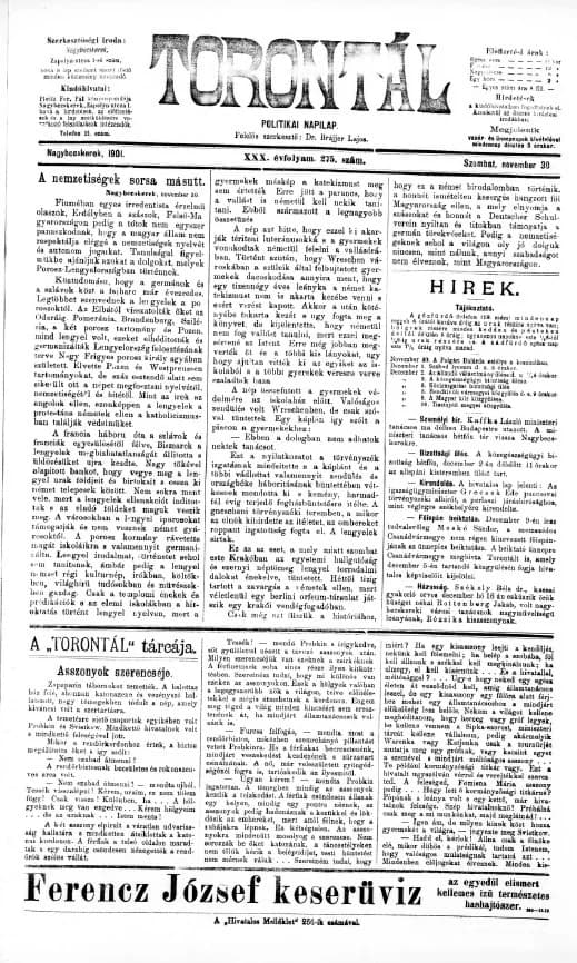 Torontál, 30. évf. 1901. november 30. 275. sz.
