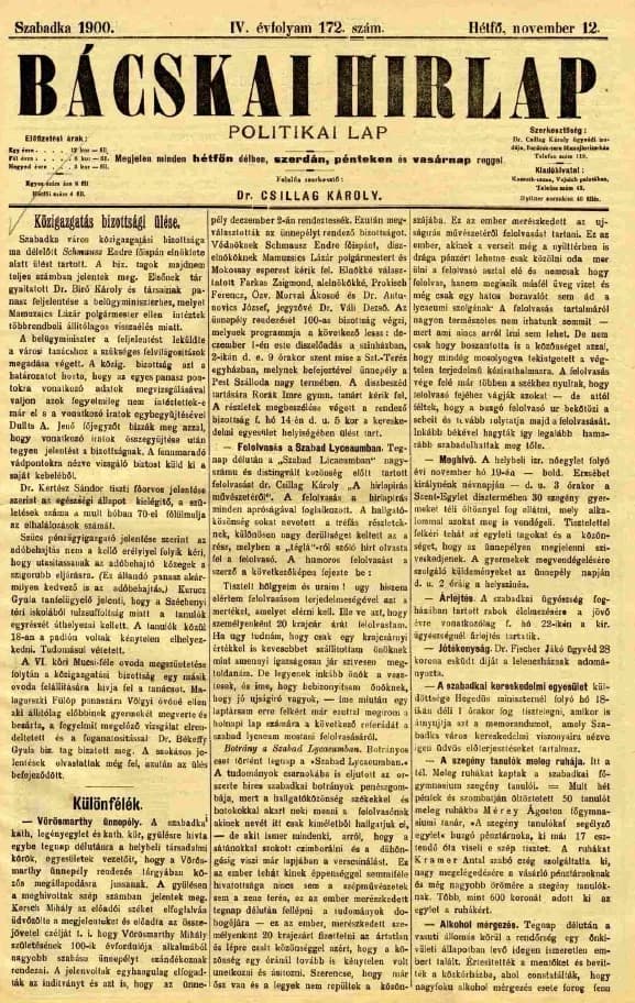 Bácskai Hirlap, 4. évf. 1900. november 12. 172. sz.